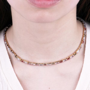 Custom Handmade 1pcs Delicate 18kt Gold Filled Colorful Baguettes Cubic Zirconia Statement Stackable Chain Necklace Stylish Minimal Brands