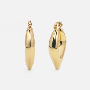 May include: A pair of gold hoop earrings with a unique, slightly curved shape.