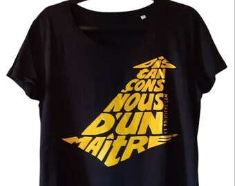 Women's T-shirt Black "Let's distance ourselves from a master" yellow calligram Size XL - Organic cotton