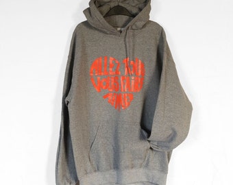 Sweat shirt capuche / Hoody mixte Gris chiné calligramme Orange funky "Allez tous vous faire aimer" Taille M