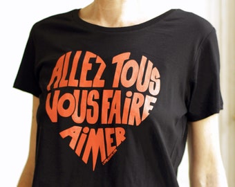 Schwarzes Damen-T-Shirt „Lasst uns alle einander lieben“ Funky Orange Calligram – Größe L – Bio-Baumwolle