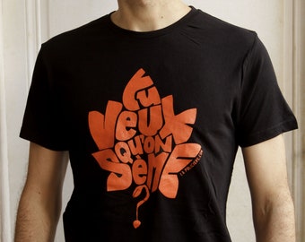 Men T-shirt Black calligram &quot;You want to be sown?&quot; Orange - Size XL