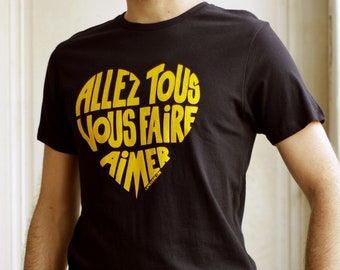 T-Shirt Man Black Calligram "Go all make you love" Gelb - Größe M - Bio-Baumwolle