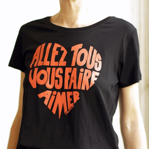 Black women's t-shirt "Let's all love each other" Funky Orange Calligram - Size M - Organic cotton