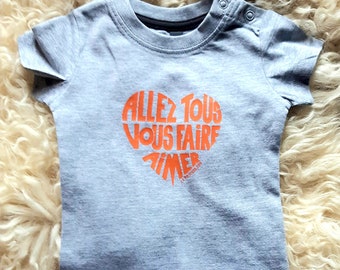 Body bébé/baby gris chiné Calligramme "Allez tous vous faire aimer" orange funky - Coton -  Taille: 9 mois