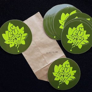 Autocollants/Stickers "Tu veux qu'on sème ?" Calligramme vert sur fond kaki - Pochette de 10 stickers