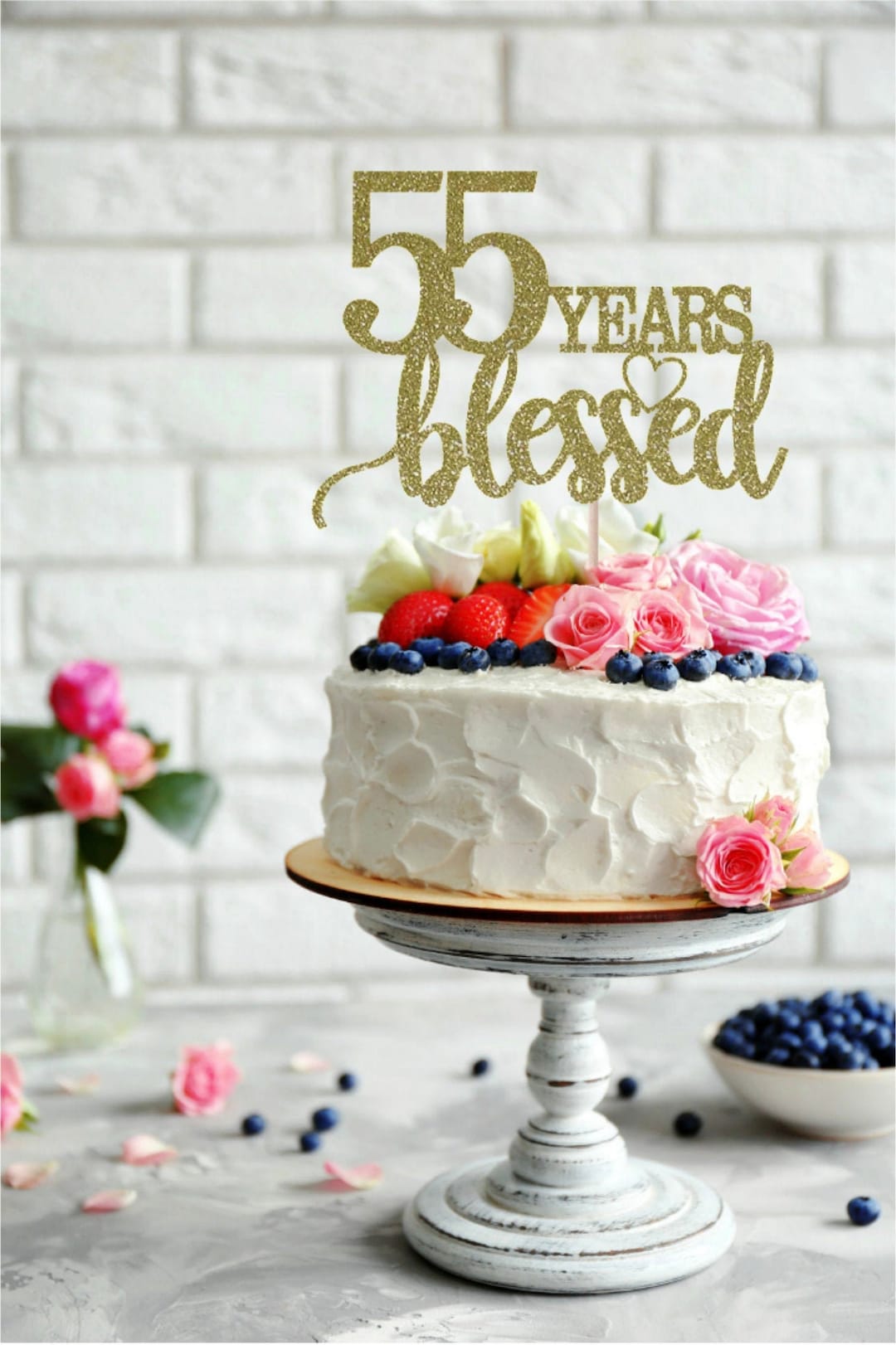 55 Birthday Black Glitter Cake Topper, 55th Party Decoration Ideas