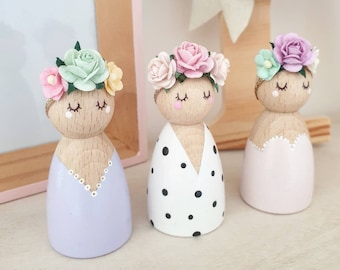 Floral Nursery Decor Pastel Peg Dolls - Floral Spring Girly Kids Decor - Wooden Flower Crown Dolls