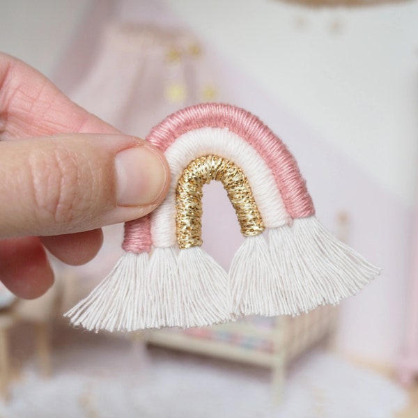 Modern Miniature Dollhouse Macrame Rainbow Wall Hanging - Miniature Weaving - Pink Dollhouse Weaving