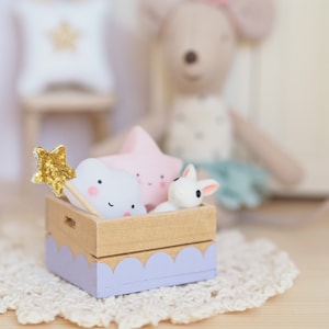 Miniature Dollhouse Wooden Crate - Pink Purple Yellow Scallop - Maileg Box - Nursery Toy Box