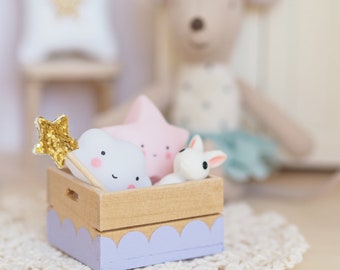 Miniature Dollhouse Wooden Crate - Pink Purple Yellow Scallop - Nursery Toy Box
