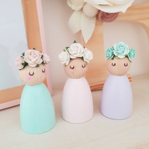 Peg Dolls Flower Crown Wooden Toys Pastel Nursery Décor Flower Girl Gift New Baby Gift Wooden Décor image 2