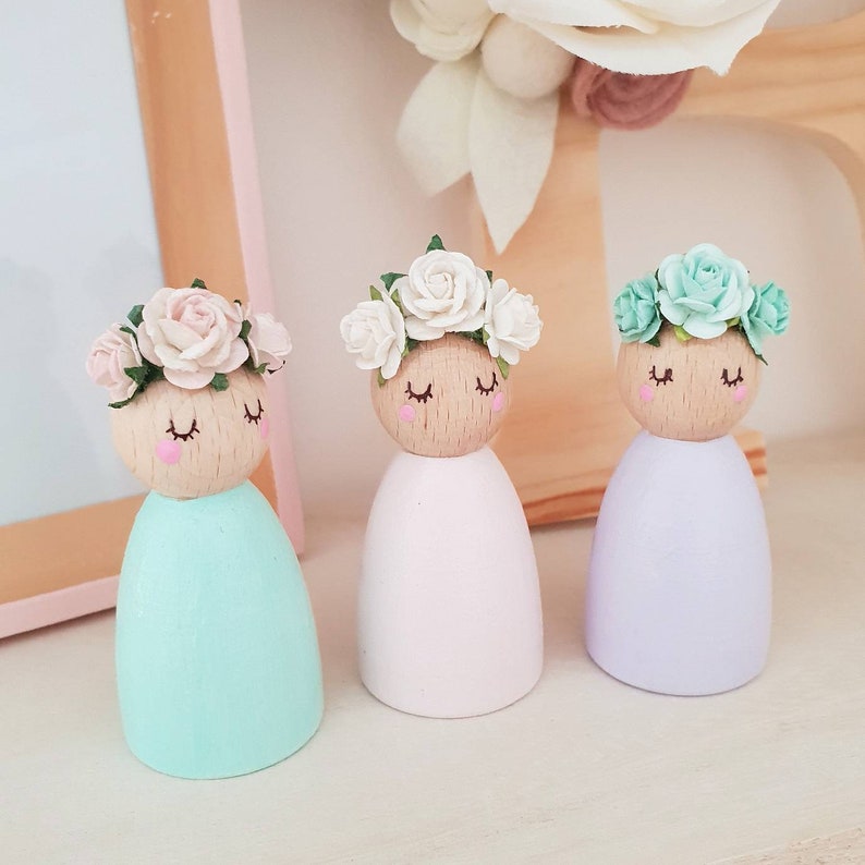 Peg Dolls Flower Crown Wooden Toys Pastel Nursery Décor Flower Girl Gift New Baby Gift Wooden Décor image 2