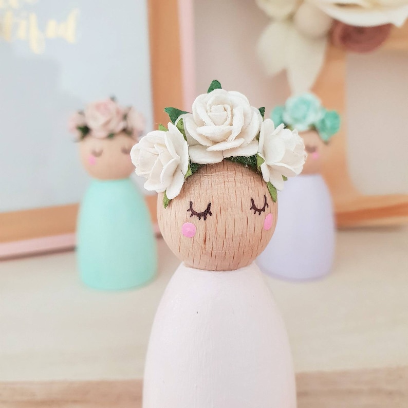 Peg Dolls Flower Crown Wooden Toys Pastel Nursery Décor Flower Girl Gift New Baby Gift Wooden Décor image 5