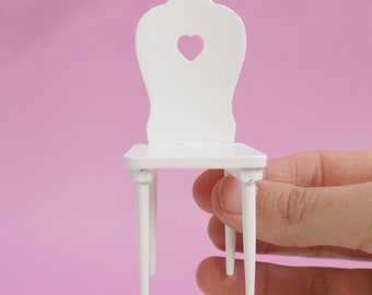 White Wooden Miniature Chair - Heart Dollhouse Kitchen Chair - Modern Dollhouse Dining Furniture