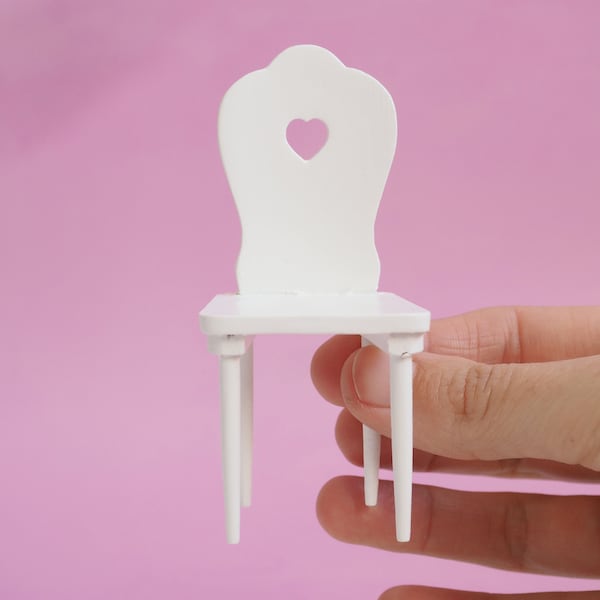 White Wooden Miniature Chair - Heart Dollhouse Kitchen Chair - Modern Dollhouse Dining Furniture