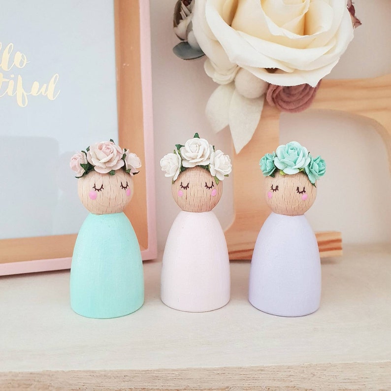 Peg Dolls Flower Crown Wooden Toys Pastel Nursery Décor Flower Girl Gift New Baby Gift Wooden Décor image 1