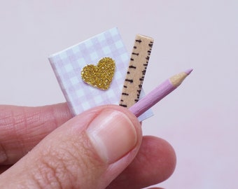 Miniature Dollhouse Stationery - Miniature Book - Miniature Pencil - Dollhouse Ruler - Dollhouse Notebook - Dollhouse Study Craft Room