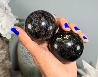 2" 50 mm Grade A/B Arfvedsonite and/or Astrophyllite with Eudialyte Sphere, Some with Pyrite, Crystal Ball, Blue Flash, Gold Flash