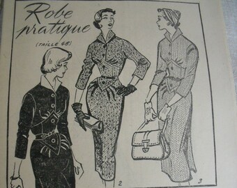 1954 s french Women's 3 Dress Patterns, Embroidery, Crochet Patterns. Women today Magazine, french Retro Dress Patterns