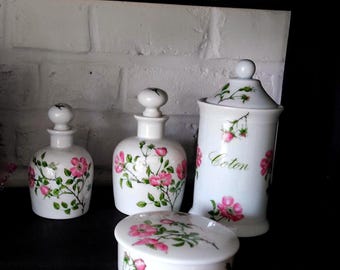 Vintage Limoges Porcelain Vanity Set, French Hand-Painted Bathroom Accessories with Pink Roses