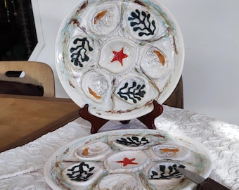 Vintage French Oyster Plates Hand Painted Ceramic Coastal Dinnerware set of 2 Beach Home Living