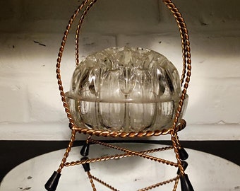 French Glass Flower Frog Vintage Rose Bowl with Gold Metal Stand