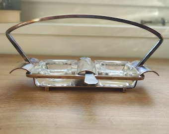 Art Deco Double Open Salt Caddy French Silver and Glass Salt Pepper Set Antique Condiment Dishes with Spoon