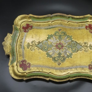 Italian Florentine Green Gold Gilt Wood Tray