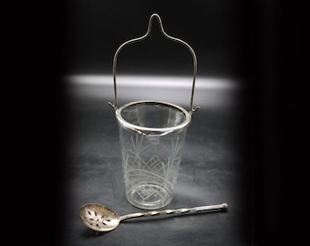 Antique French Ice Bucket in Crystal & Silver Plated with Spoon Home Bar Accessories