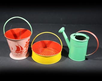 Vintage Beach Pail & Sand Sifter with Watering Can: French Whimsical Tin Litho Collectibles Beach Toy set