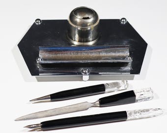 French Art Deco Inkwell Chrome Pen Rest with Black Bakelite Pencil Dip Pen and Letter Opener
