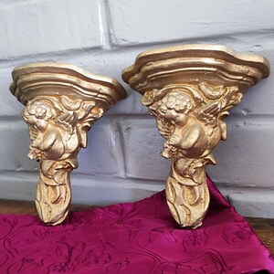 Antique Italian Cherub Wall Sconce Shelf, Gilded Plaster Pair Corbels image 5