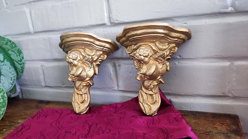 Antique Italian Cherub Wall Sconce Shelf, Gilded Plaster Pair Corbels image 5