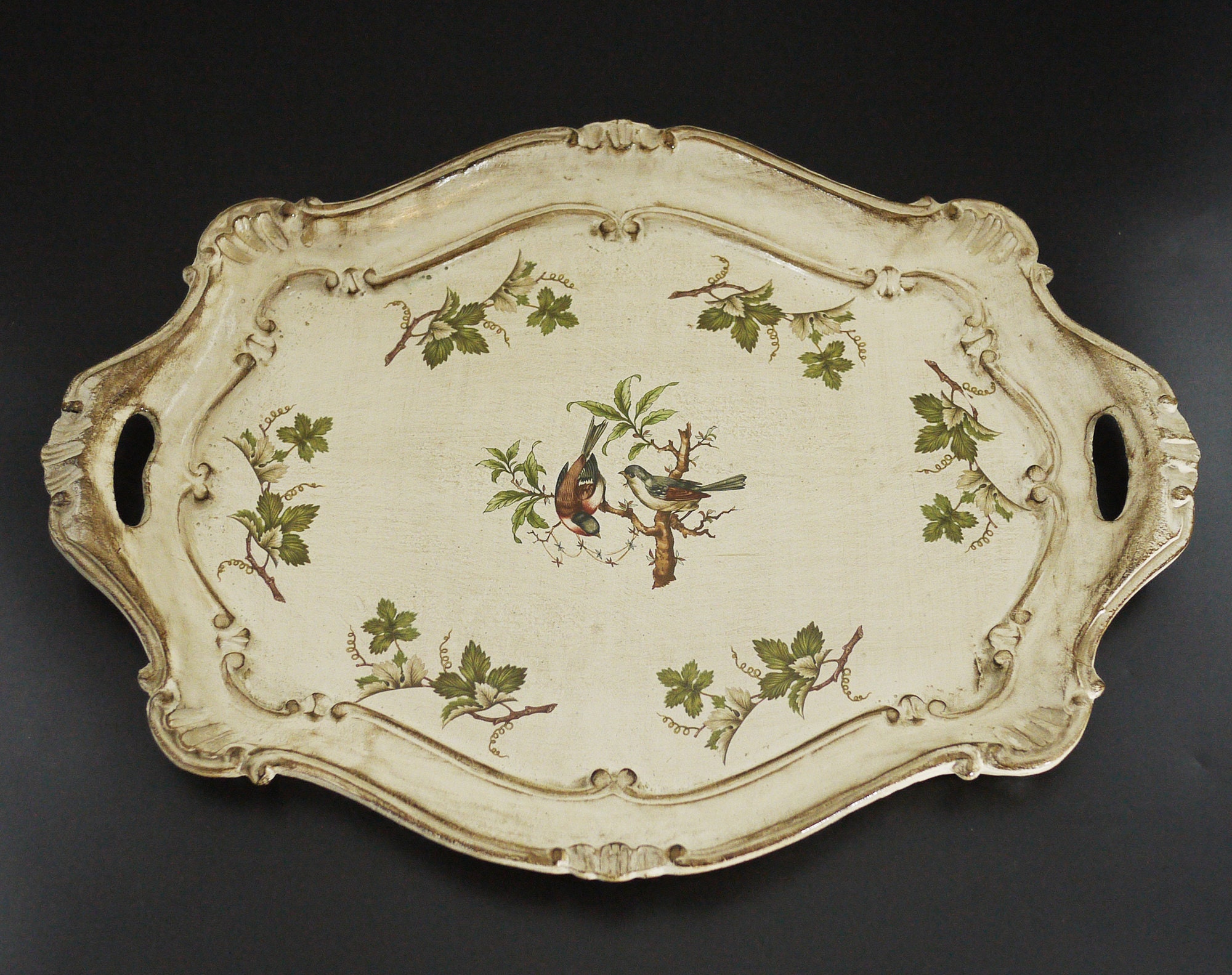 Vintage Florentine Wood Tray, Italian Hand Painted Birds Platter Boho Chic