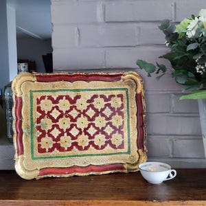 Large Wooden Florentine Tray in Red Green & Gold Baroque Decor