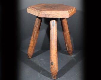Solid Wooden Tripod Plant Display Stand - Vintage French Rustic Milking Stool