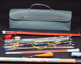Vintage Knitting Needles set with Faux Leather Bag, 1960s French Knitting Tools