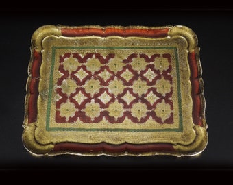 Vintage Florentine Tray in Red Green & Gold Painted Wood