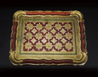 Vintage Red Green & Gold Rectangular Florentine Tray