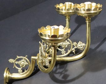 Pair of Antique French Candle Sconces 3 Arm Brass Candle Holders with Floral Details