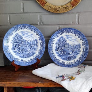Vintage English Ironstone Set of 2 Churchill Blue Dinner Plates