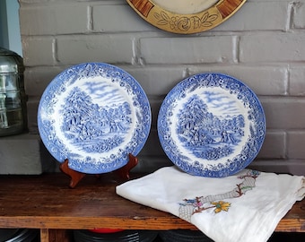 Vintage English Ironstone Set of 2 Churchill Blue Dinner Plates