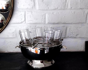 Vintage French Caviar Serving Bowl with Shot Glasses in Silver Plate