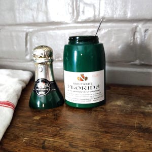 French Glass Champagne Bottle Mustard Pot with Plastic Lid, 1960s