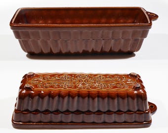 Large Vintage German Cake Mold Glazed Brown Ceramic Terrine Rustic Kitchen