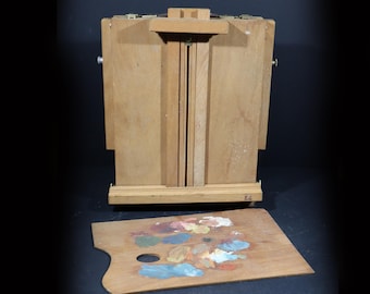 Vintage French Artist Case With Easel and Used Palette Wood Portable Art Easel with Storage Case