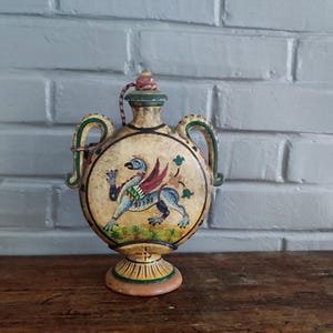 Antique Montopoli Arno Terracotta Moon Flask, Sgraffito Pottery Bottle