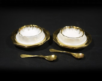 French Vintage Porcelain Gilded Open Salt Cellar with Spoon Set