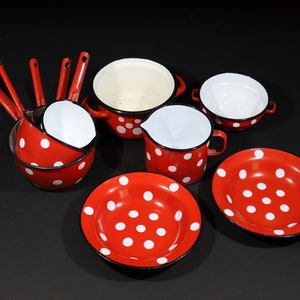 Vintage Red Enamel Cookware set with Polka Dots, Retro French Kitchen